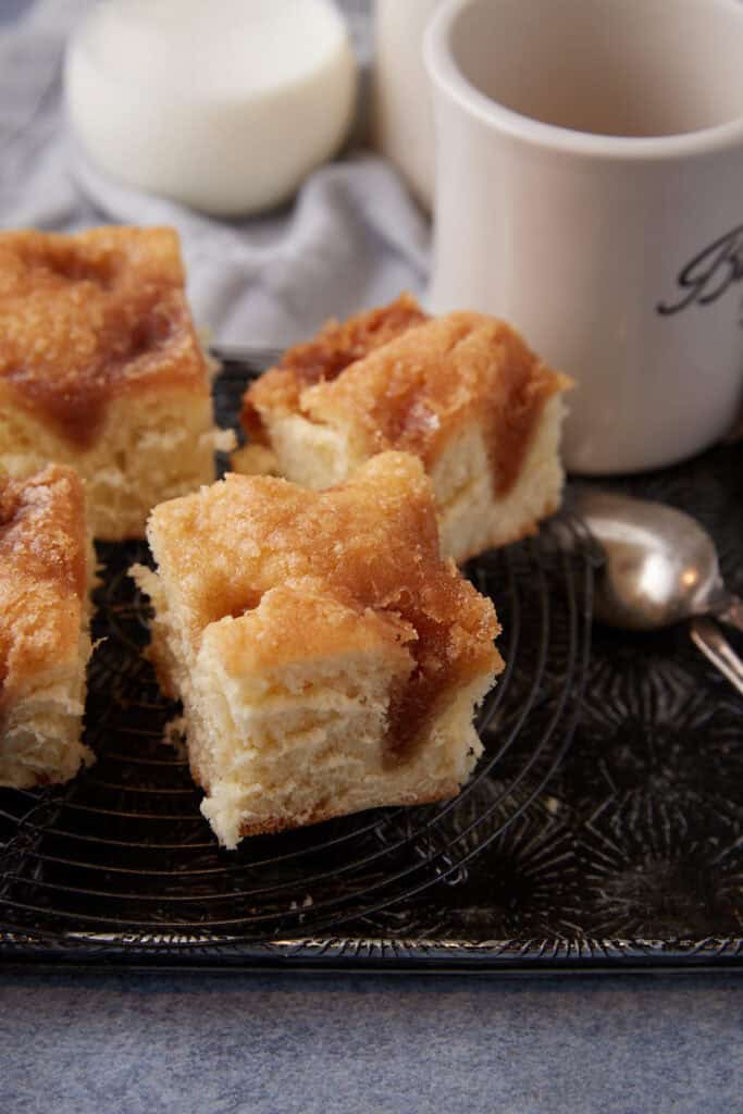 Moravian sugar cakes on a tray.