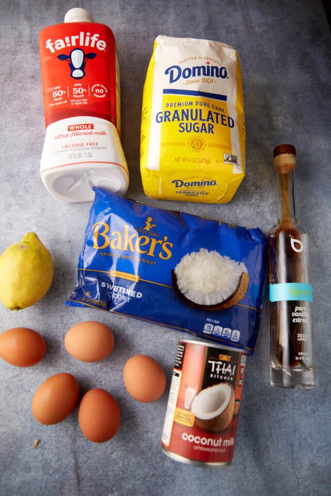 The ingredients for coconut custard pie.