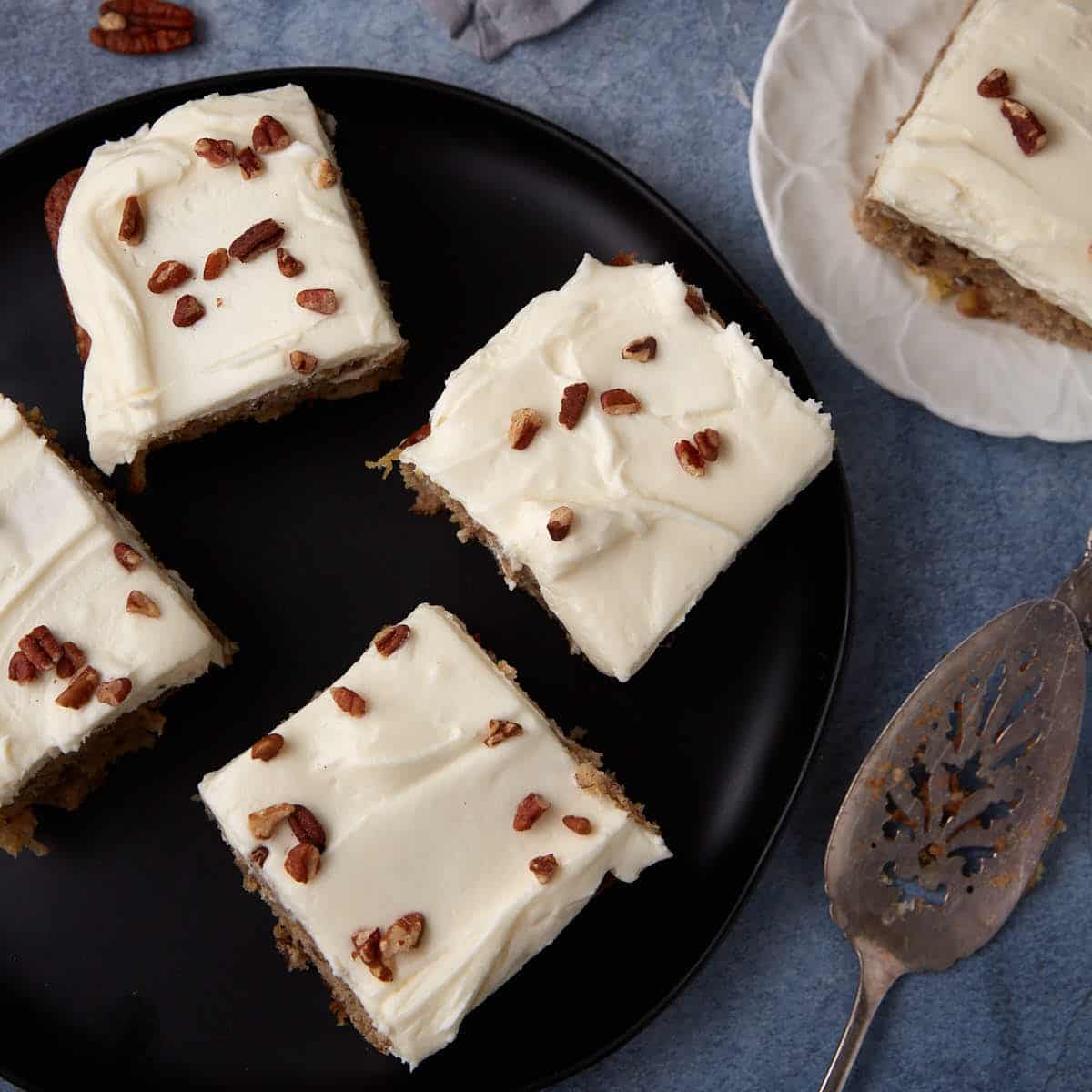 Hummingbird cake cut on a platter.
