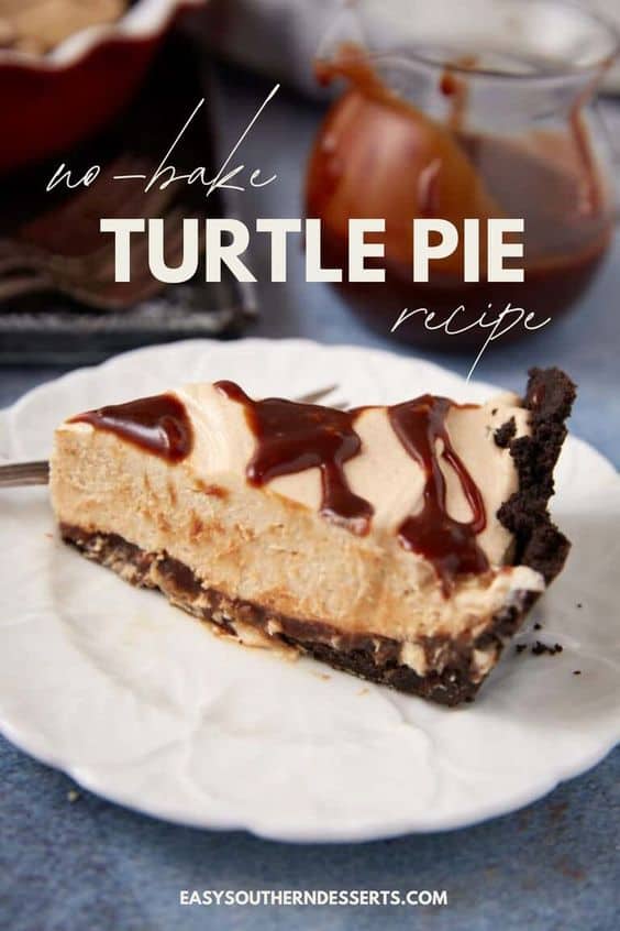 Trurtle Piw No-Bake Turtle Pie with a Chocolate Caramel Sauce - Easy Southern Desserts