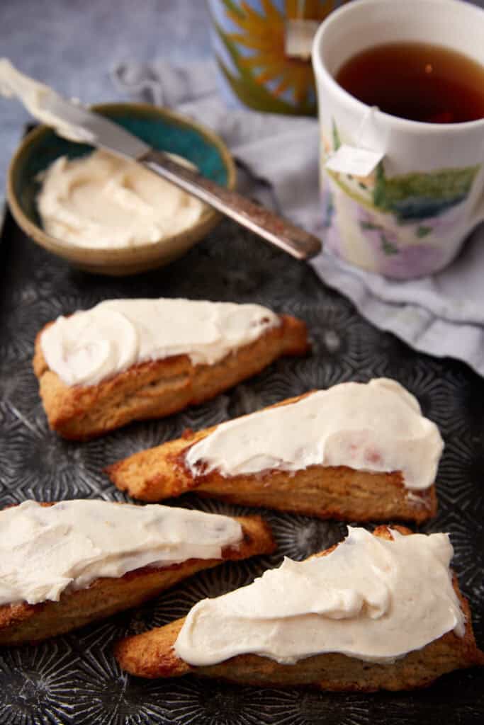 Frosted banana scones on a tray. 