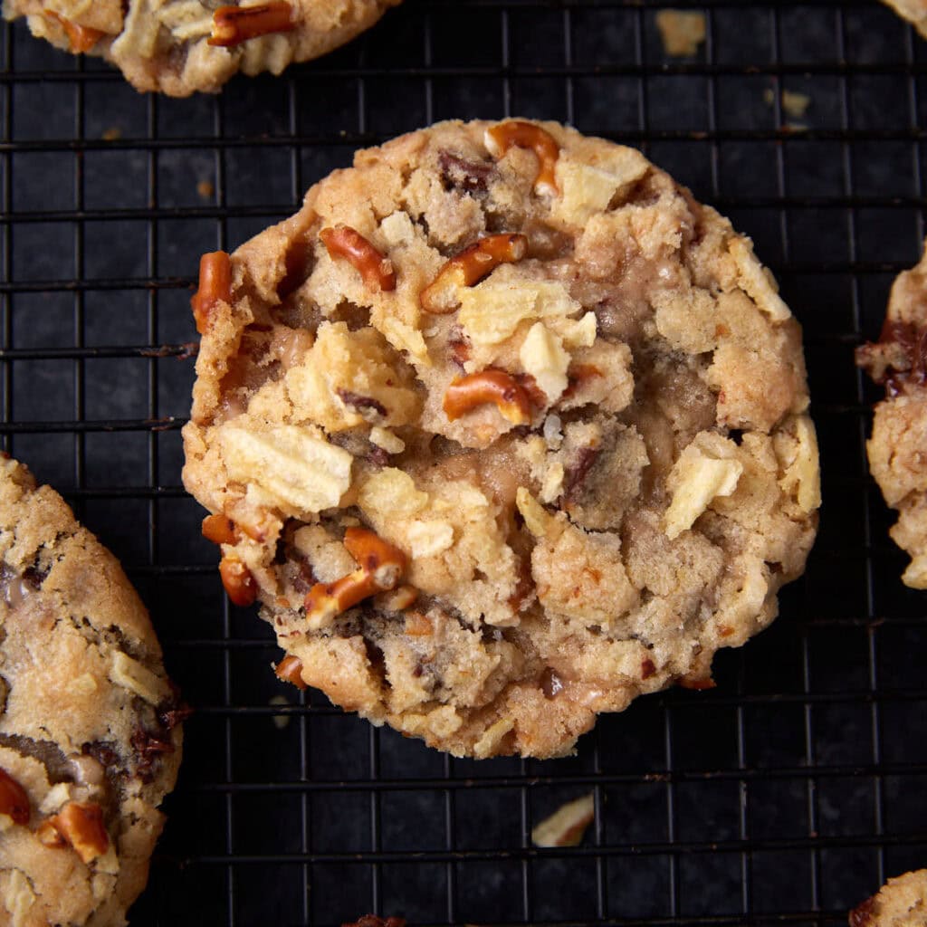 An individual kitchen sink cookies with pretzels.