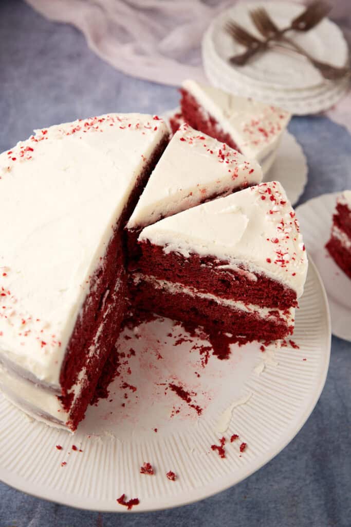 A sliced red velvet cake. 