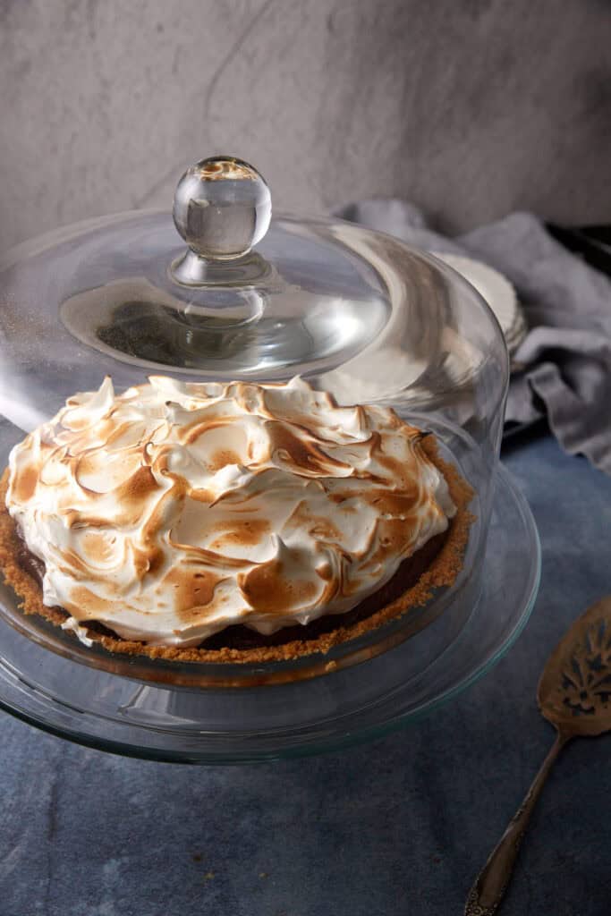 A s'mores pie under a cake dome. 