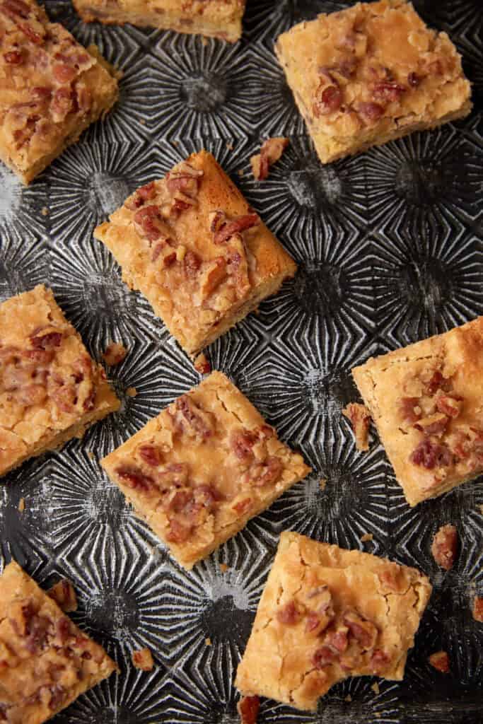 A platter of caramel cookie bars. 