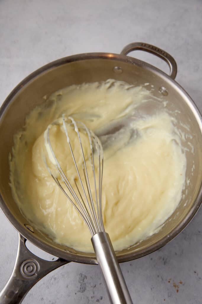 Sugar, cornstarch, salt, milk, and eggs in a saucepan.