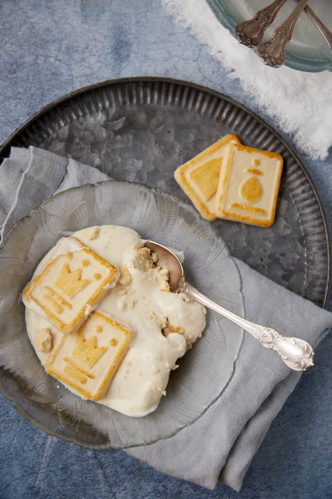 bowl of banana pudding topped with chessman cookies.