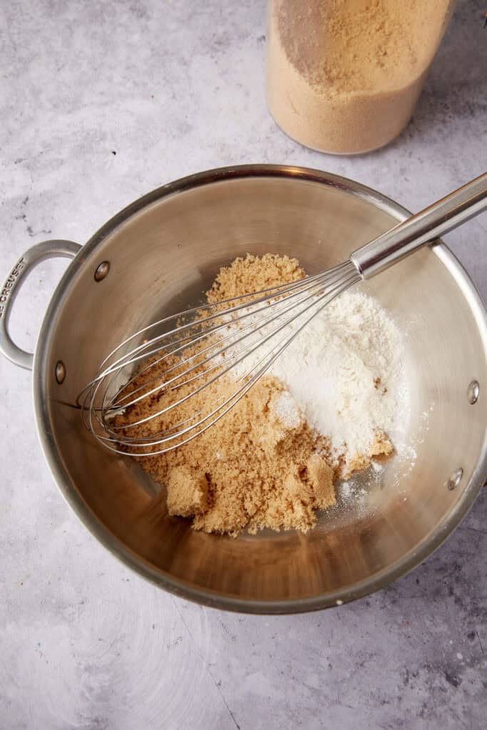 brown sugar, flour, and salt in a saucepan with a whisk.