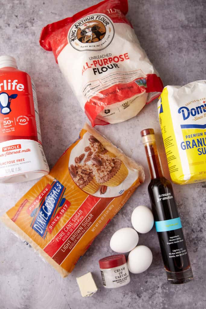 brown sugar pie ingredients on a gray background.