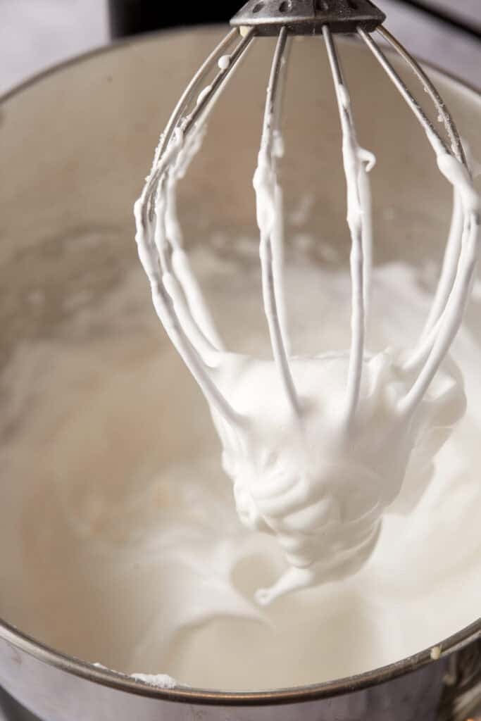 meringue in a stand mixer with whisk attachment.