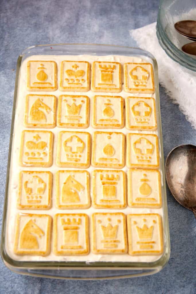 A pan of banana pudding made with chessman cookies.