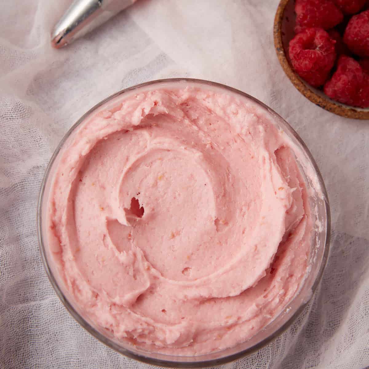 raspberry buttercream frosting in a bowl.