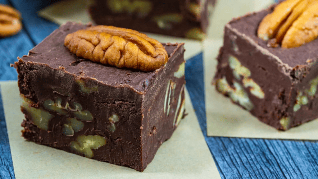 close up of bourbon pecan fudge.