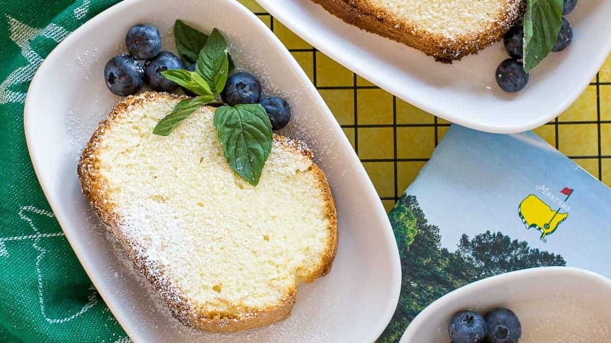 a slice of pound cake on a long plate.