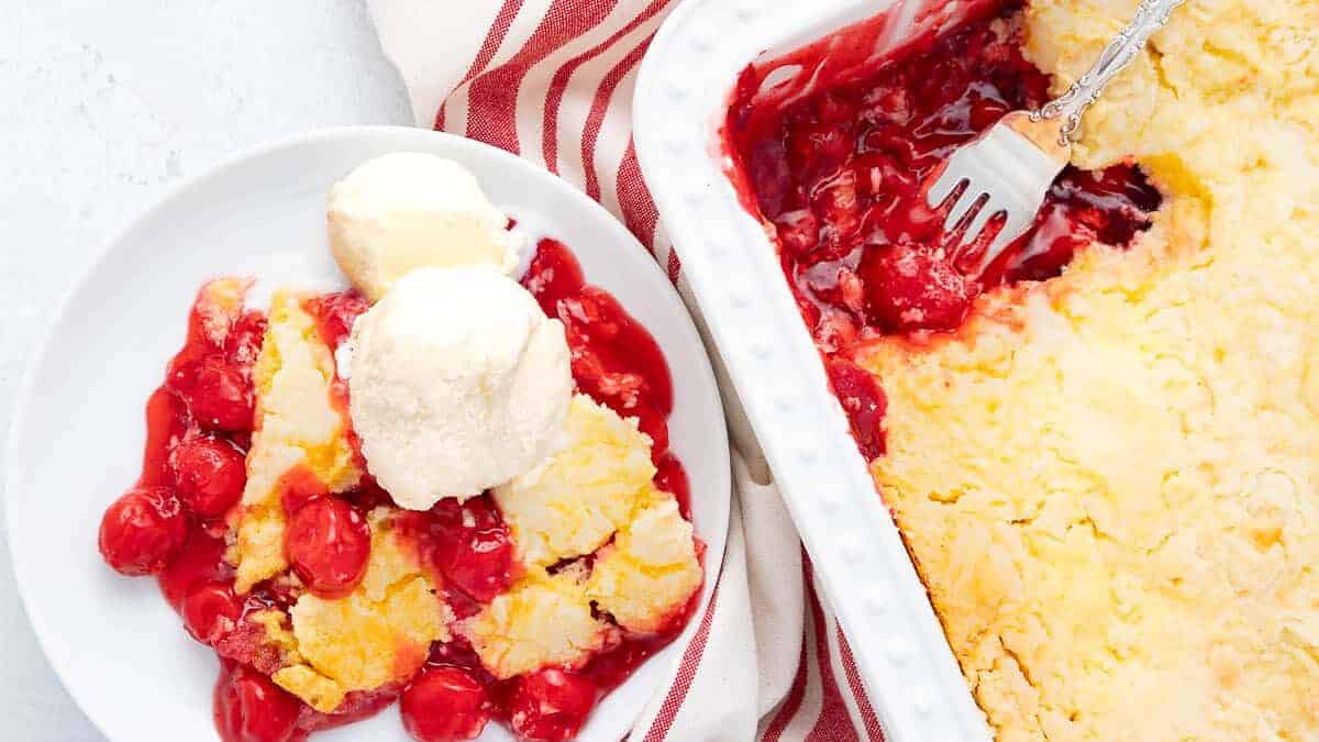 cherry cake on a plate and dish.