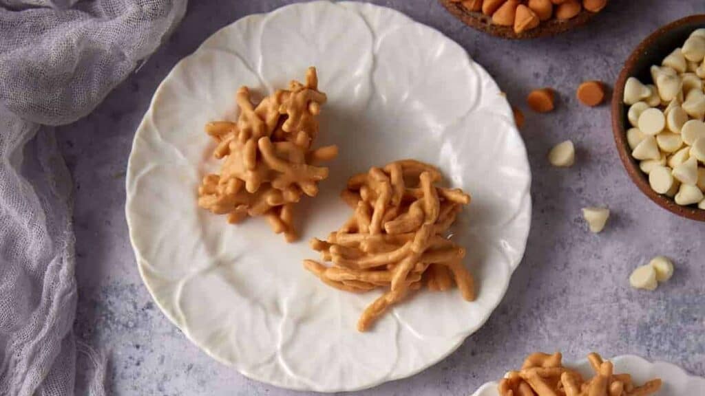 haystack cookies on top of a white plate.