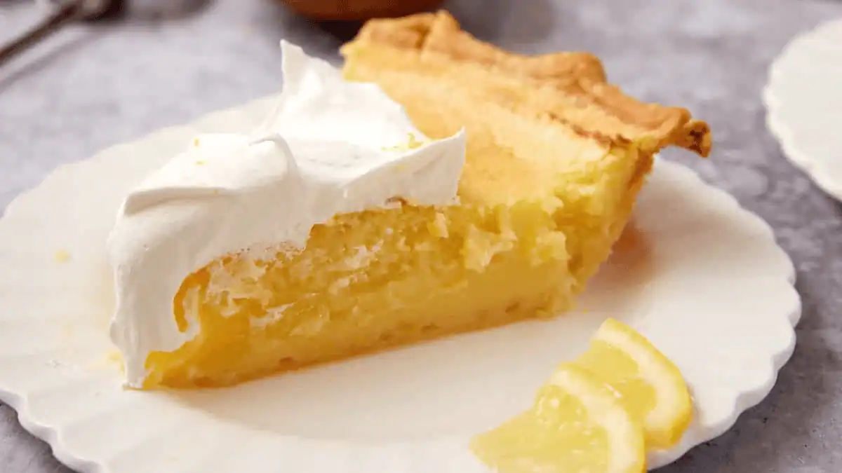 slice of lemon chess pie on a plate.