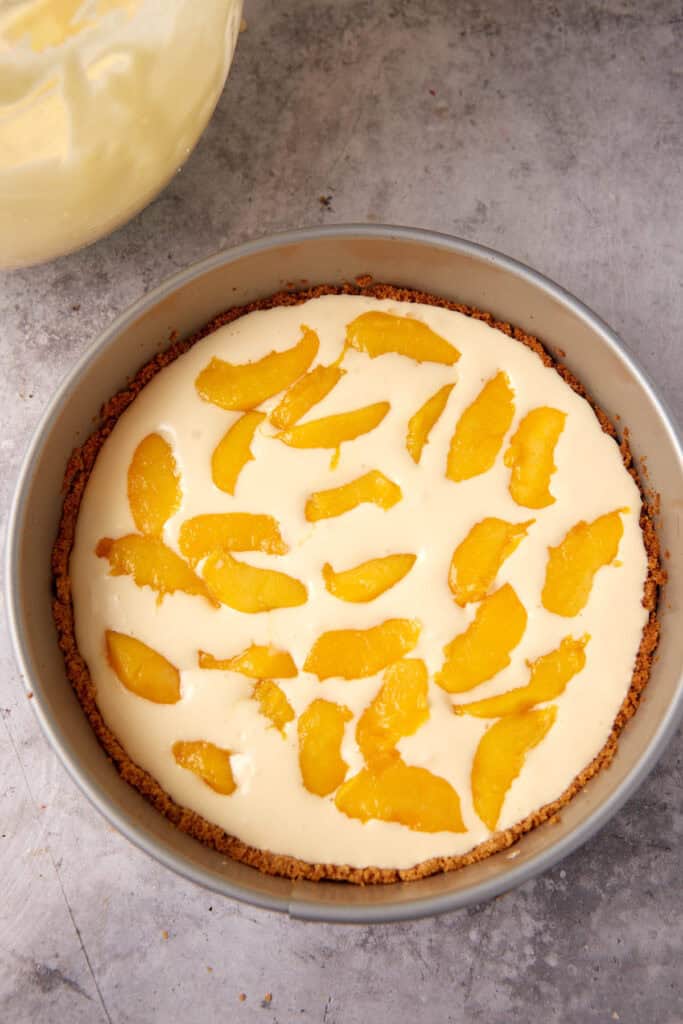 cooked peaches on top of the cheesecake batter in a springform pan.