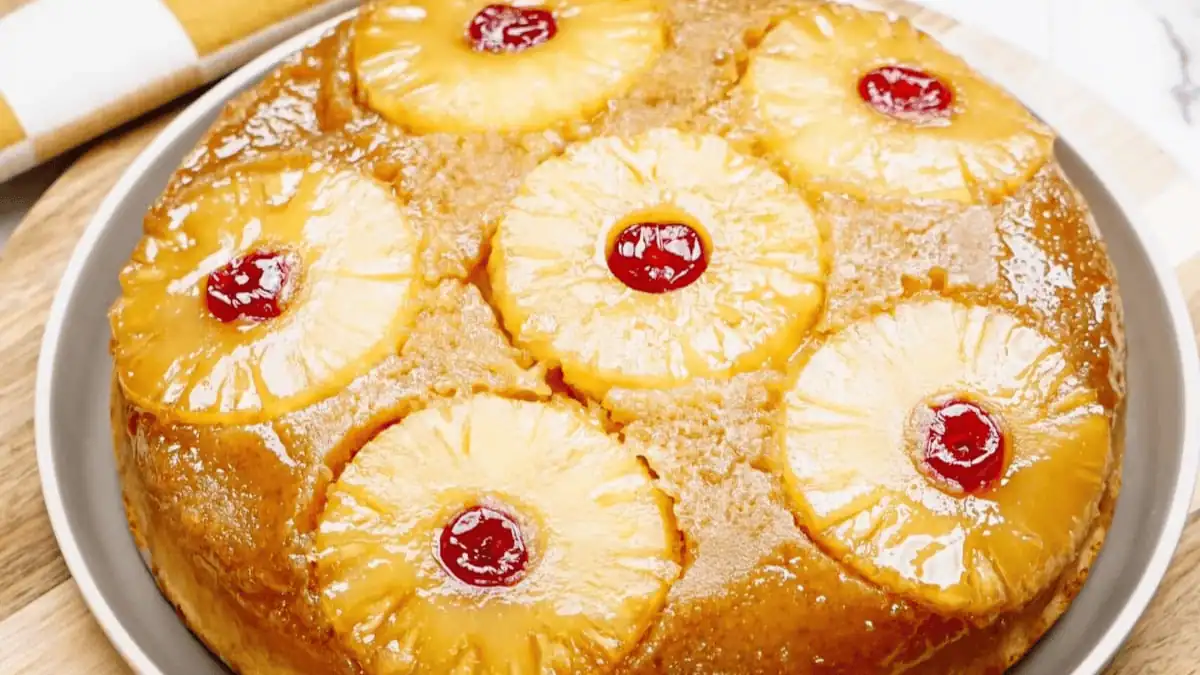 up close top view of pineapple upside down cake.