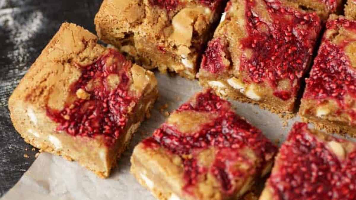 raspberry bars close up.
