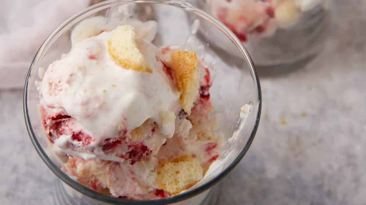Frozen strawberry trifle in glasses.