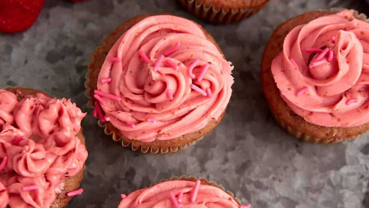 Frosted cupcakes on a platter.