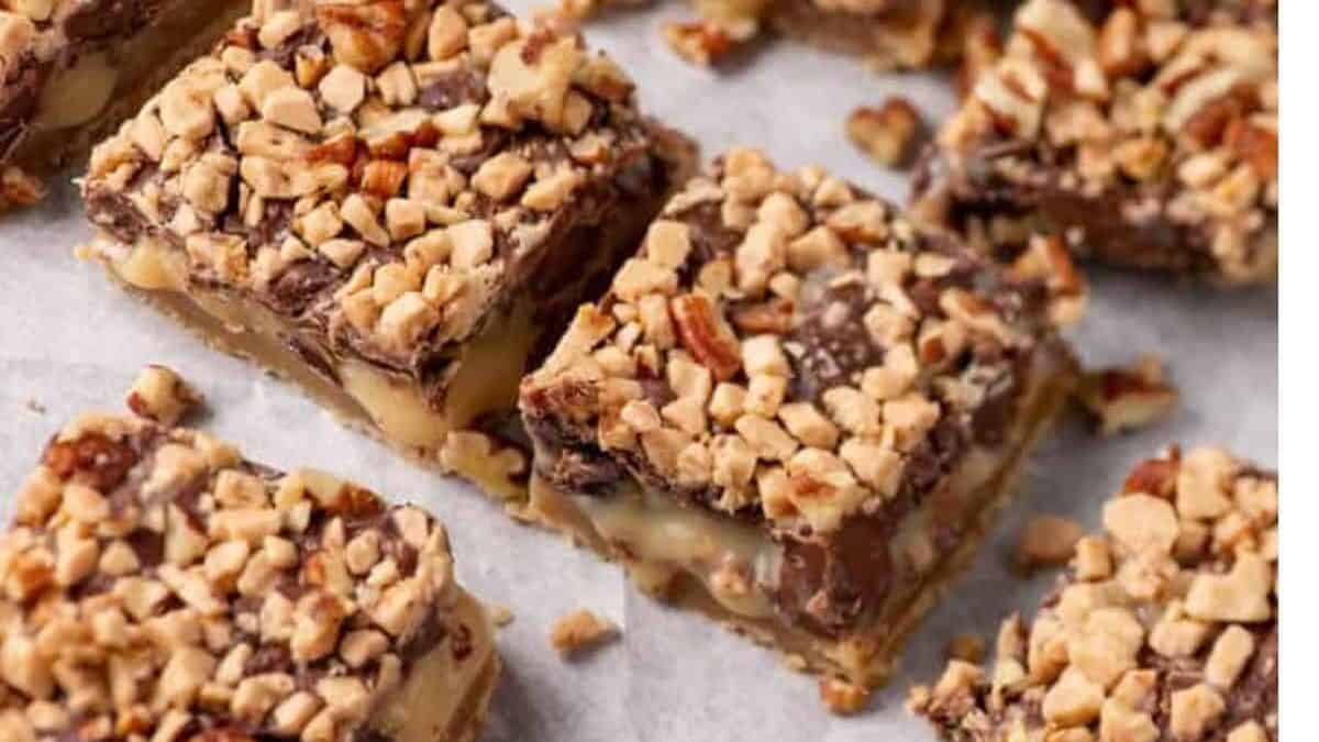 shortbread toffee bars on parchment paper. 
