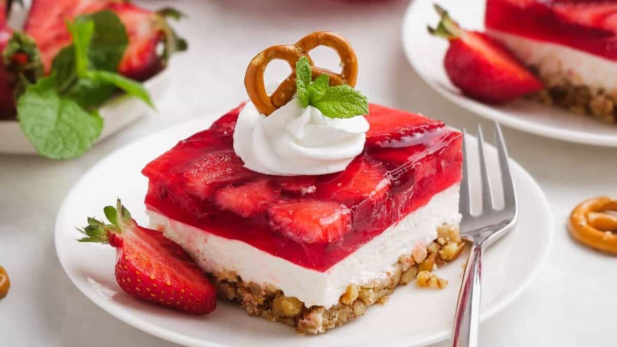 A serving of strawberry pretzel salad.