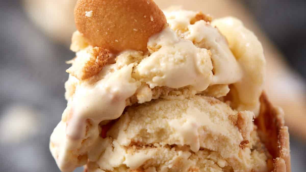 banana pudding ice cream in a waffle cone.