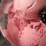 An ice cream dish with two scoops of blackberry custard ice cream.