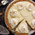 top view of sliced coconut cream pie.