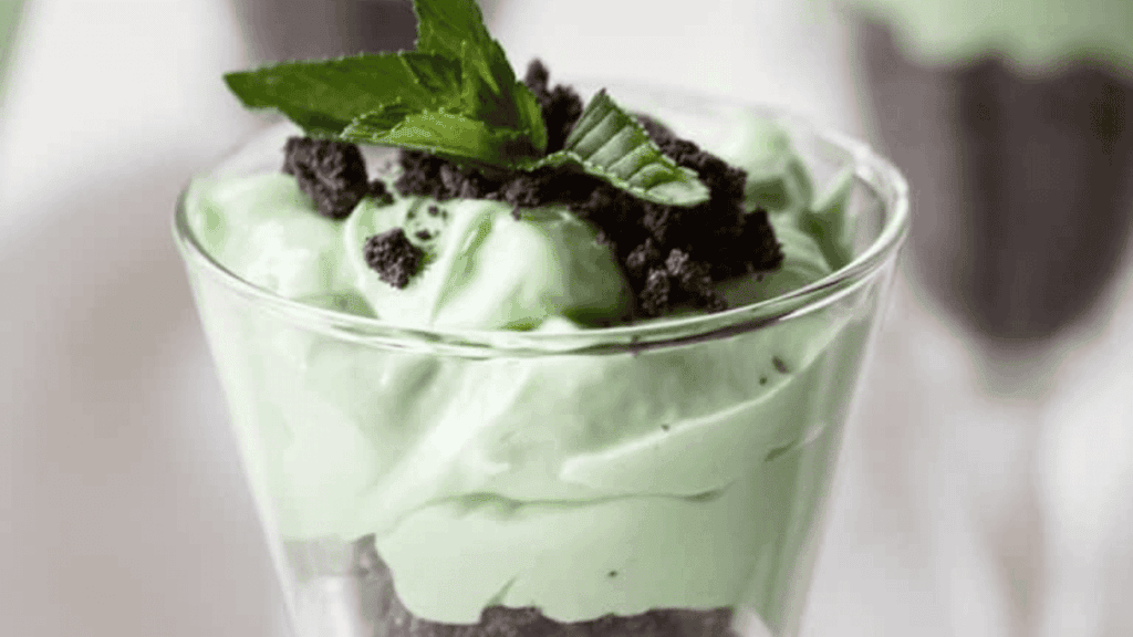 close up of grasshopper mint parfait.