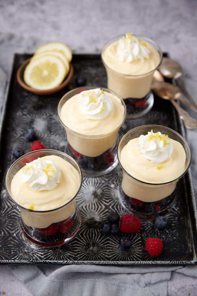 lemon mousse in dessert cups.