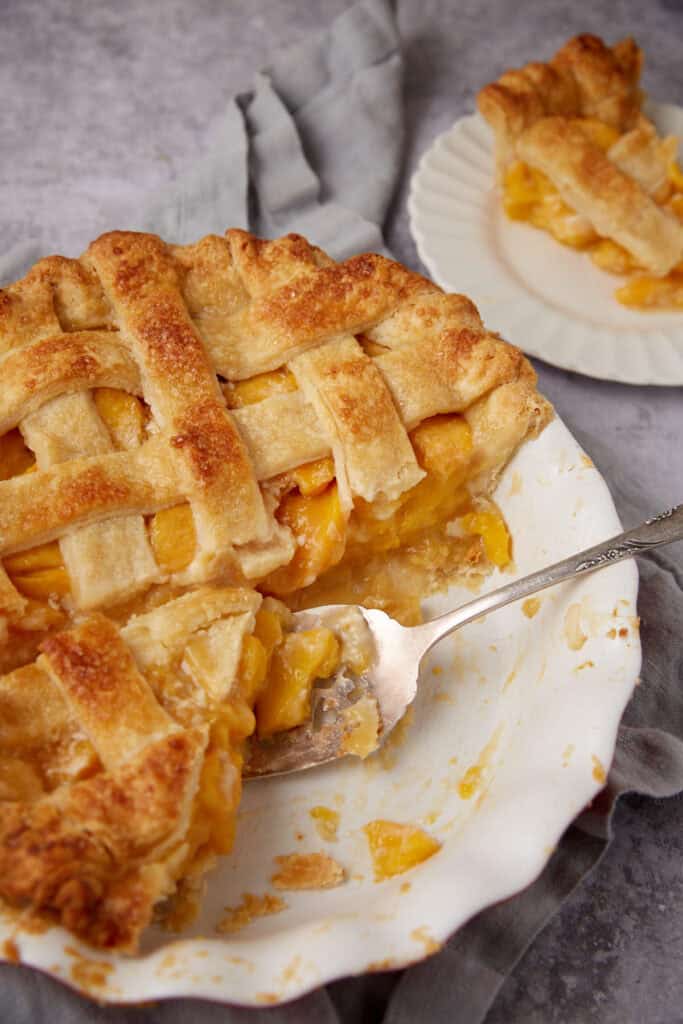 peach pie being cut with a pie slicer on a white plate.