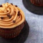 A frosted chocolate mayonnaise cupcake.