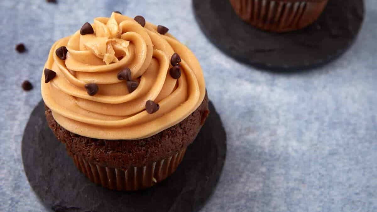 A frosted chocolate mayonnaise cupcake.