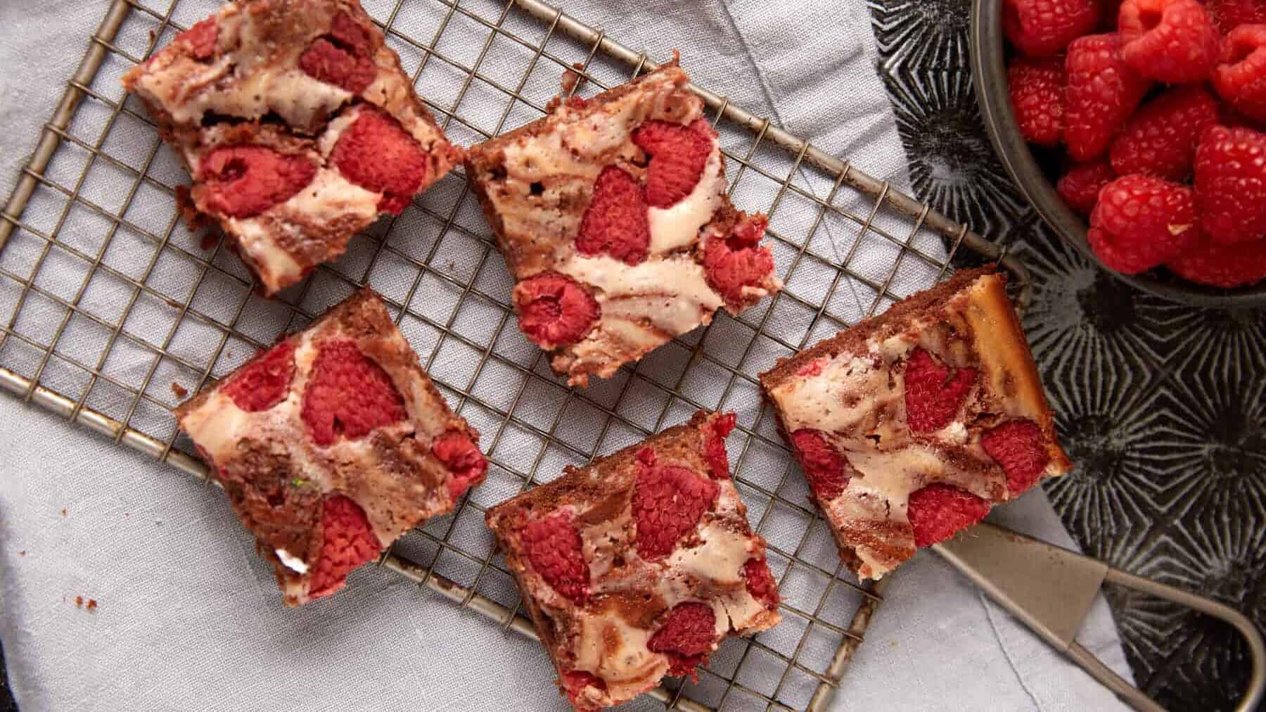 Fudgy raspberry brownies swirled with cream cheese.