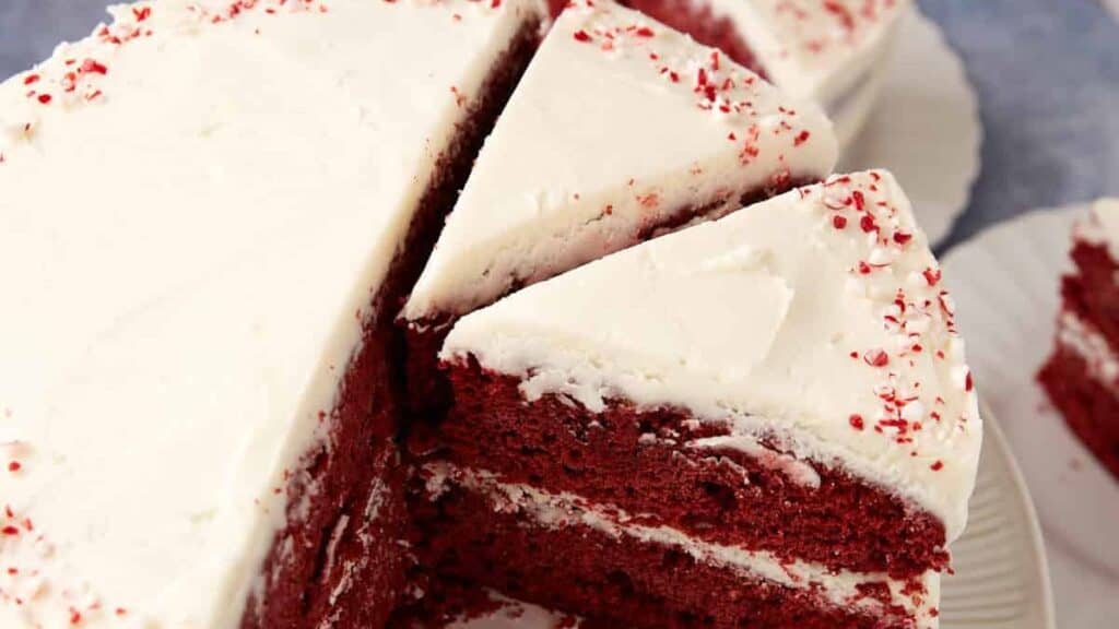 A sliced red velvet cake.