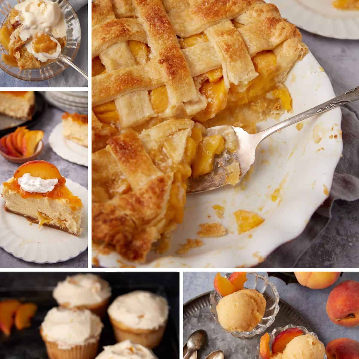 A collage of peach dessesrts.