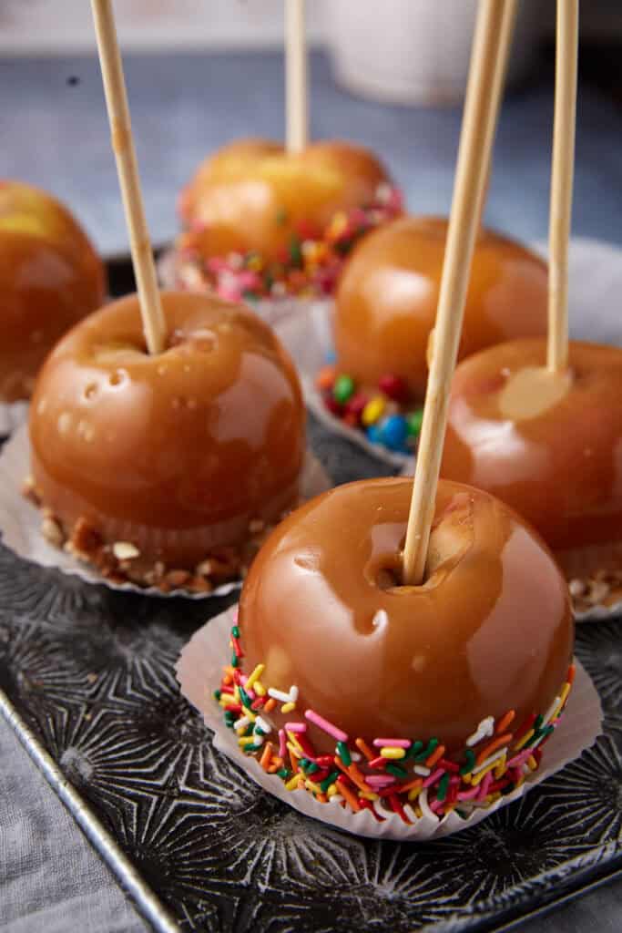 caramel apples on a tray dipped in sprinkles.