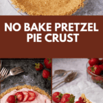 A pretzel pie crust and two strawberry pies.