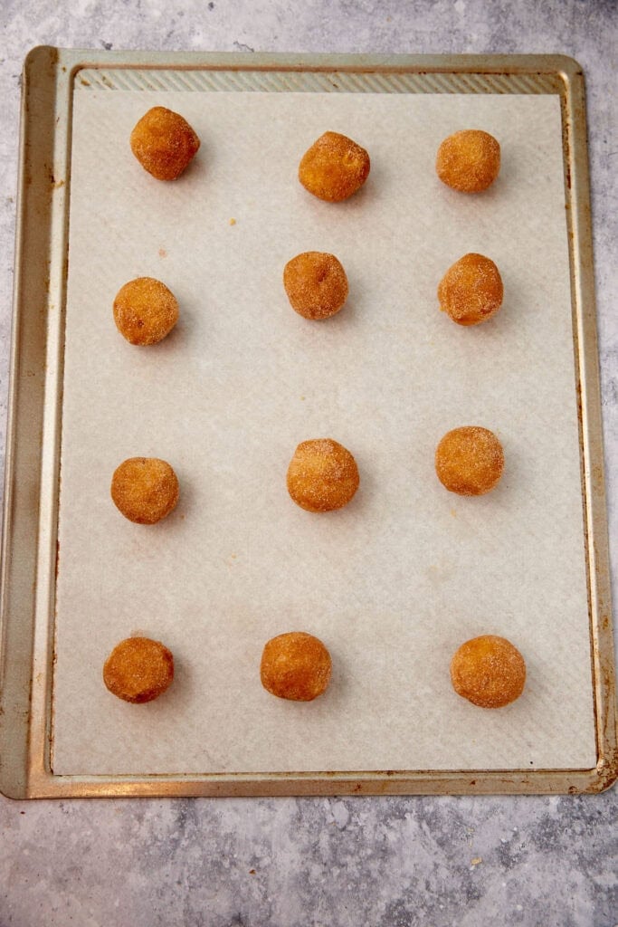 Dough balls rolled in cinnamon sugar.