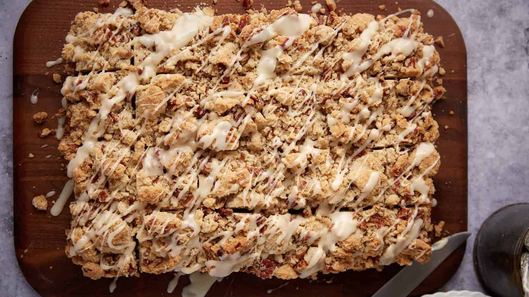 crumb cake on a cutting board.