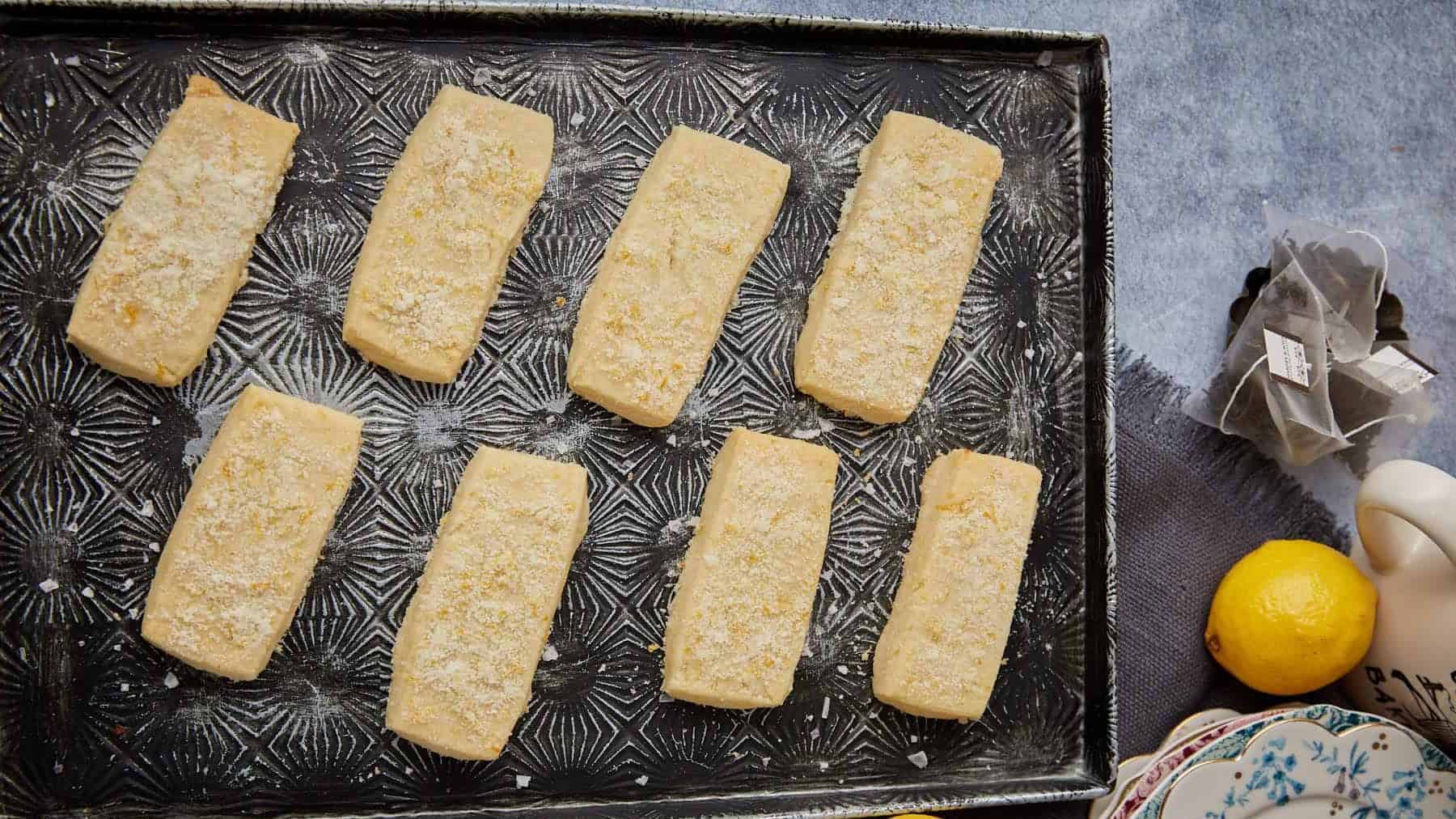 Shortbread cookies on a serving tray.