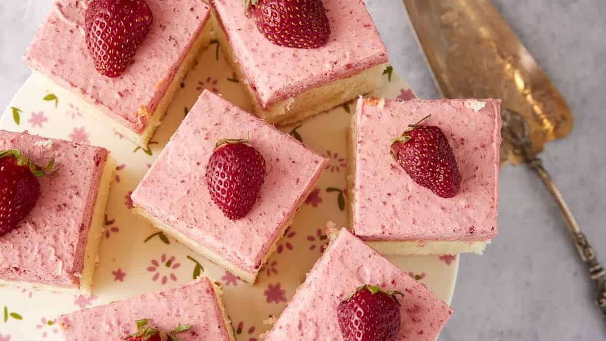 Slices of cake on a dessert platter.