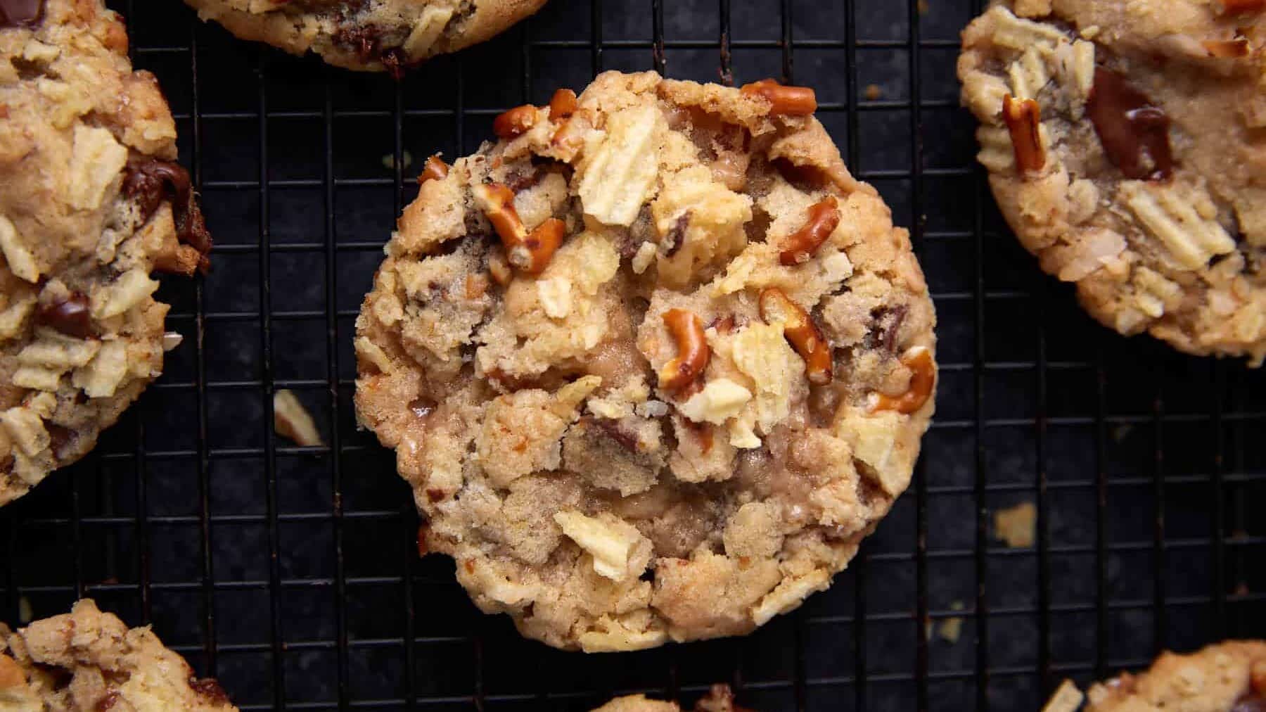 One kitchen sink cookie on a cooking rack.