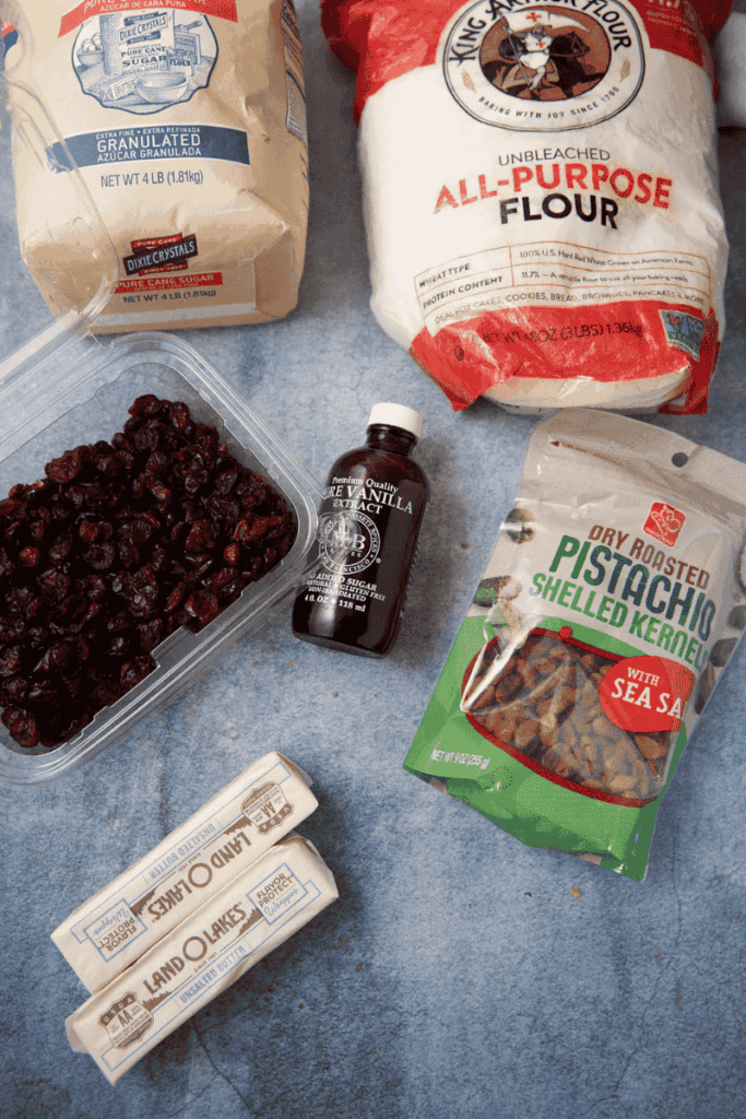 Ingredients for cranberry pistachio shortbread cookies. 