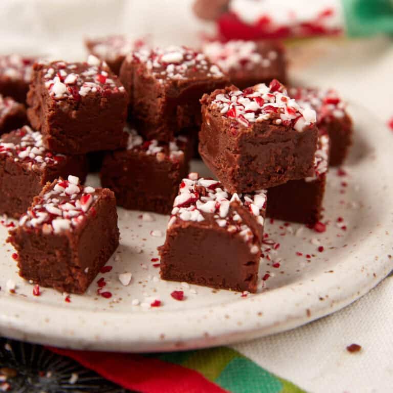 Small squares of chocolate peppermint fudge arranged on a speckled plate, topped with crushed peppermint candy.