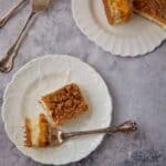 Pumpkin pie cheesecake bars served on white plates with a forkful showing the creamy double cheesecake layers and crumb topping.
