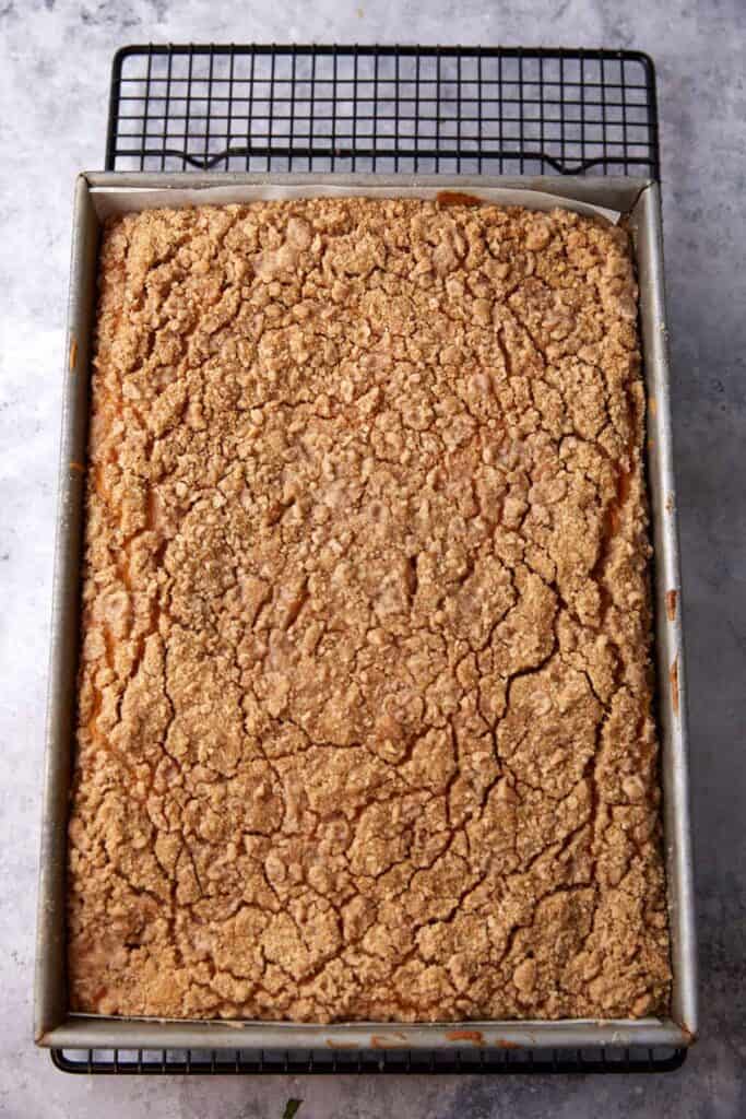 Baked pumpkin pie cheesecake bars cooling in a 9x13 pan with a golden brown crumble topping.